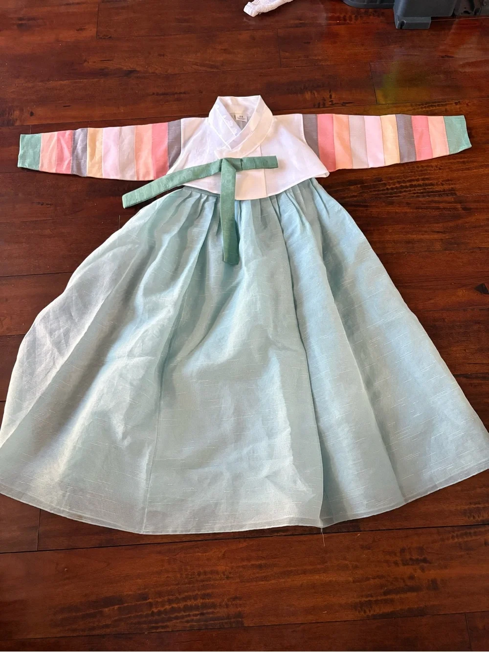 Traditional Korean Hanbok Dress - Mint Green Skirt with Pastel Striped Sleeves